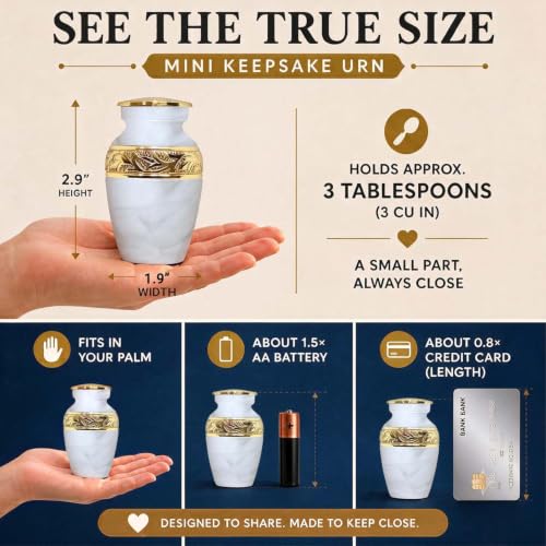Small Urns for Human Ashes Keepsake, 2.9 Inch – Handcrafted White Memorial Urn with Brass Accent – Mini Remembrance Urn for Sharing Ashes Small
