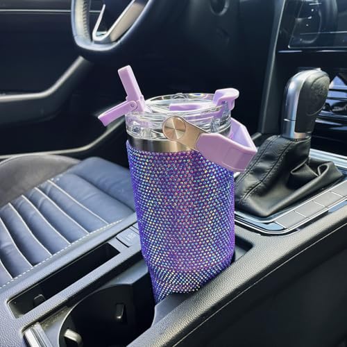 30oz Bling Rhinestone Studded Tumbler with Top Handle and Leakproof Lid Vacuum Insulated Stainless Steel Glitter Crystal Water Bottle with Flip Straw Reusable Cup Outdoors Travel Mugs (Violet) Violet