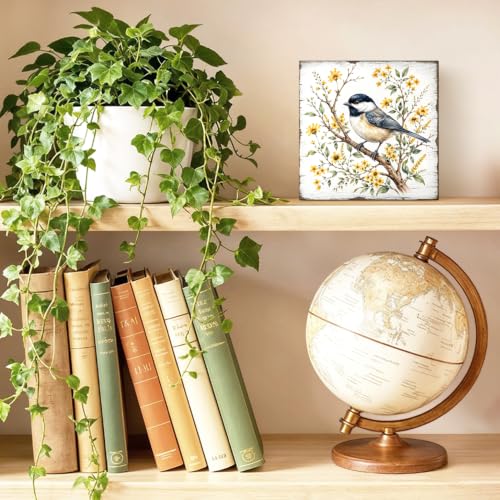 Chickadee Garden With Flowers Wood Block Plaque Box Sign 5.9 * 5.9 white076