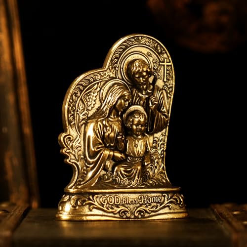 CHOVY Holy Family Statue Solid Brass, 100% Solid Brass Joseph Mary Jesus Figurine, Handcrafted Catholic Desk Ornament for Home & Office, Unique Religious Gift for Baptism, First Communion, Wedding
