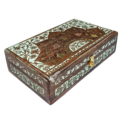 Handmade Decorative Wooden Jewelry Box, Kit, Vanity,Trinket, Organizer For, Ladies, Men, Women, Gold, Cash,Multipurpose Keepsake, Gift Item (10x6 Inches, Crown Greenish-Blue) 10x6 Inches, Crown Greenish-Blue