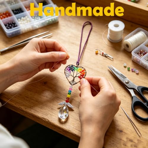 Healing Crystal Decor Tree of Life Car Hanging Accessories Suncatcher with Wings 7 Chakras Window Wall Hanging Decor Meditation Ornaments Home Decoration Heart