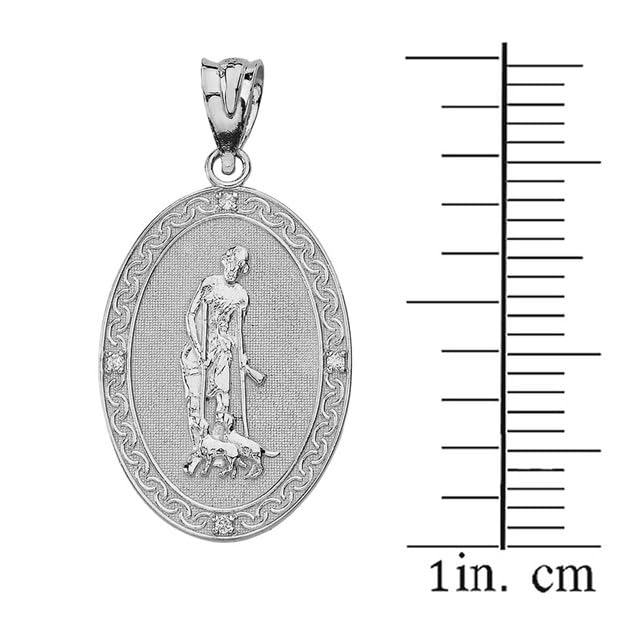 Claddagh Gold Saint Lazarus Engravable Oval Medallion with CZ Fine Pendant Necklace Real Solid .925 Sterling Silver Pendant + 18" Chain