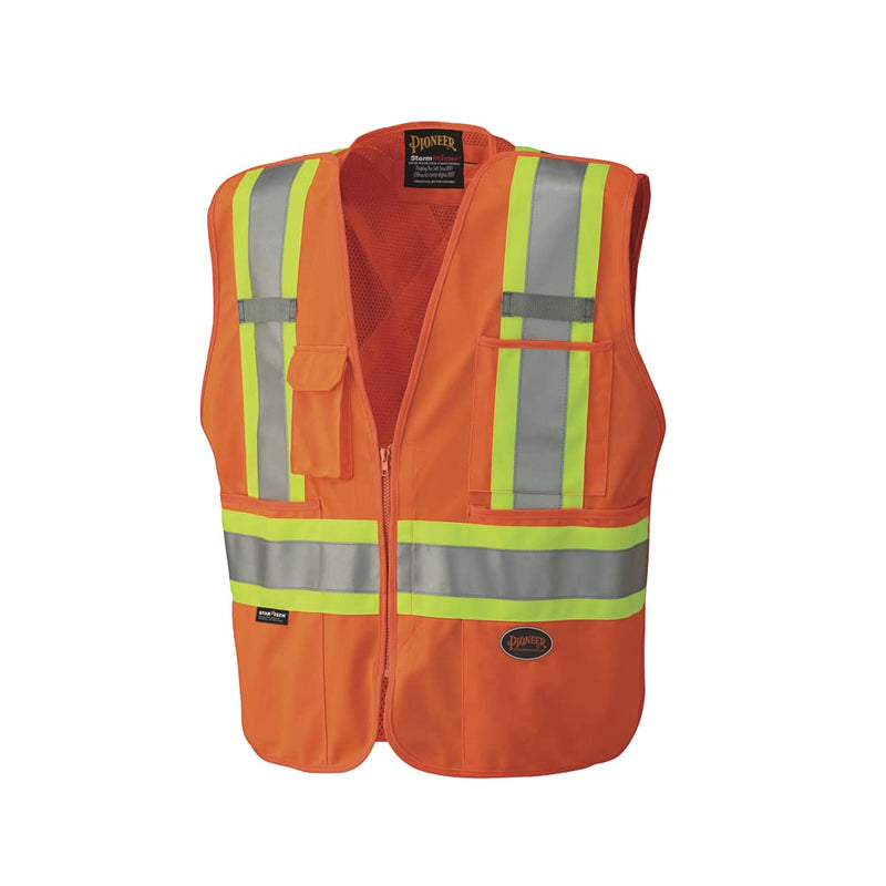 Pioneer Hi Vis Tear-Away Mesh Back Safety Vest for Me - Reflective Tape, 4 Pockets - Construction, Traffic, Security - Orange Hi-vis Orange 5X-Large