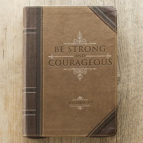 Christian Art Gifts Brown Vegan Leather Zipped Journal, Inspirational Men’s Notebook Be Strong Scripture, Flexible Cover, 336 Ruled Pages, Ribbon Bookmark, Joshua 1:9 Bible Verse