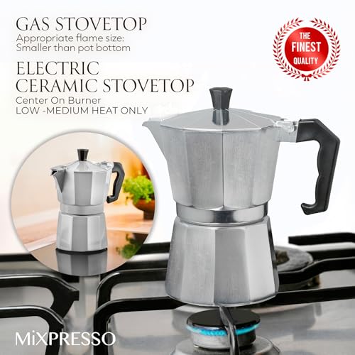 Mixpresso 3 Cup Moka Pot Stovetop Espresso Maker, Italian Cuban Coffee Pot Stainless Steel 3 Espresso Cups
