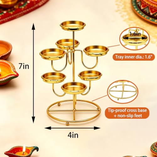 7 Cups Golden Diwali Diya Candle Holder Metal Tea Light Deepavali Decor