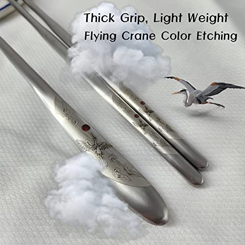[VACUUM][2 Sets][Made in Korea] Flying Crane Design Spoon and Chopsticks Set, Vacuum Light Weight Cutlery, 304 Stainless Steel Flat Chopsticks Matt Surface Flatware (White 2 Sets) White 2 Sets