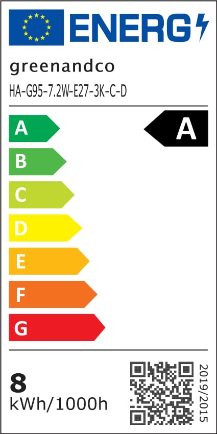 greenandco Filament LED Light Bulb, Clear, Dimmable, E27 G95, 7.2 W, 1521 lm, Replaces 100 W, 3000 K Warm White, 320°, 230 V, Flicker-Free, Energy Efficiency Class A E27 G95 Clear 1 pc. Replaces 100W dimmable Warm white 3000K