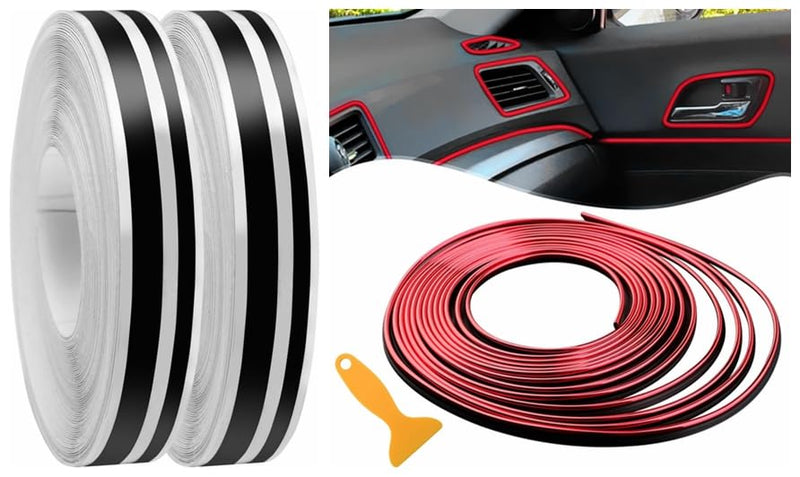 Spurtar 2 Rolls x 33Ft Car Pinstriping Tape Black & 16.4ft/5M Car Interior Trim Strips Red