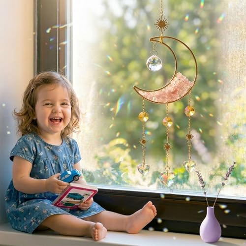 Moon Phase Crystal Suncatcher with Healing Stones, Boho Rainbow Maker Prism Window Hanging, Celestial Moon Sun Catcher for Home Decor, Meditation Room, Yoga Space, Gift for Women, Pink