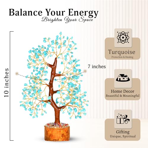 YATSKIA Turquoise Crystal Tree | Crystal Bonsai Tree | Healing Stones | Desk Decor for Women | Positive Energy Decor | Birthday Gift for Women | Crystals Gift | 10 Inch Turquoise Golden Wire