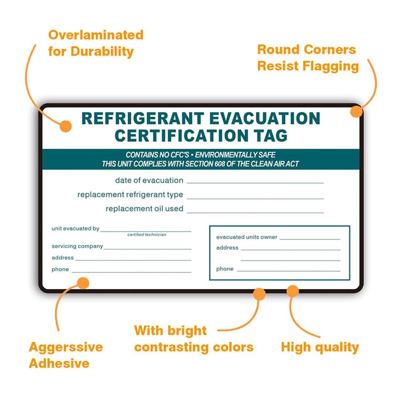 Refrigerant Evacuation Certification Tag Refrigeration ID Labels Stickers identifier 20 Pack