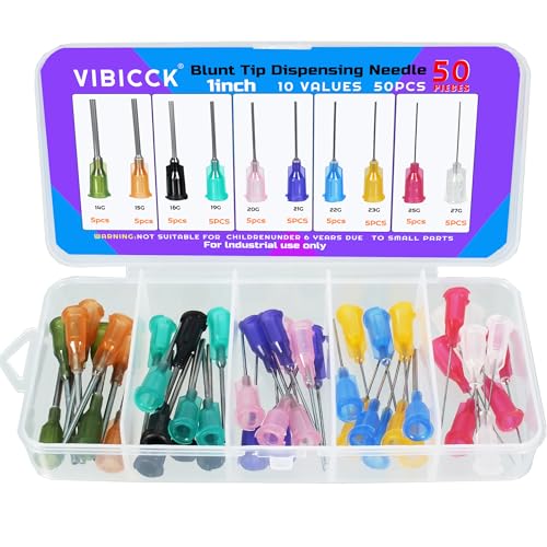 VIBICCK 1-inch blunt tip glue dispensing applicator, adhesive dispenser accessory set with 10 sizes and 50 pieces