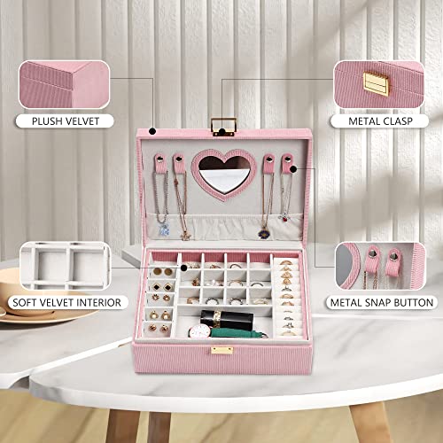 Dajasan Jewelry Box for Teen Girls Women, 2 Layers Jewelry Organizer with Mirror, Removable Jewelry Tray, Jewelry Storage Case, Gift Idea for Teenagers, Striped Velvet (Pink) Pink