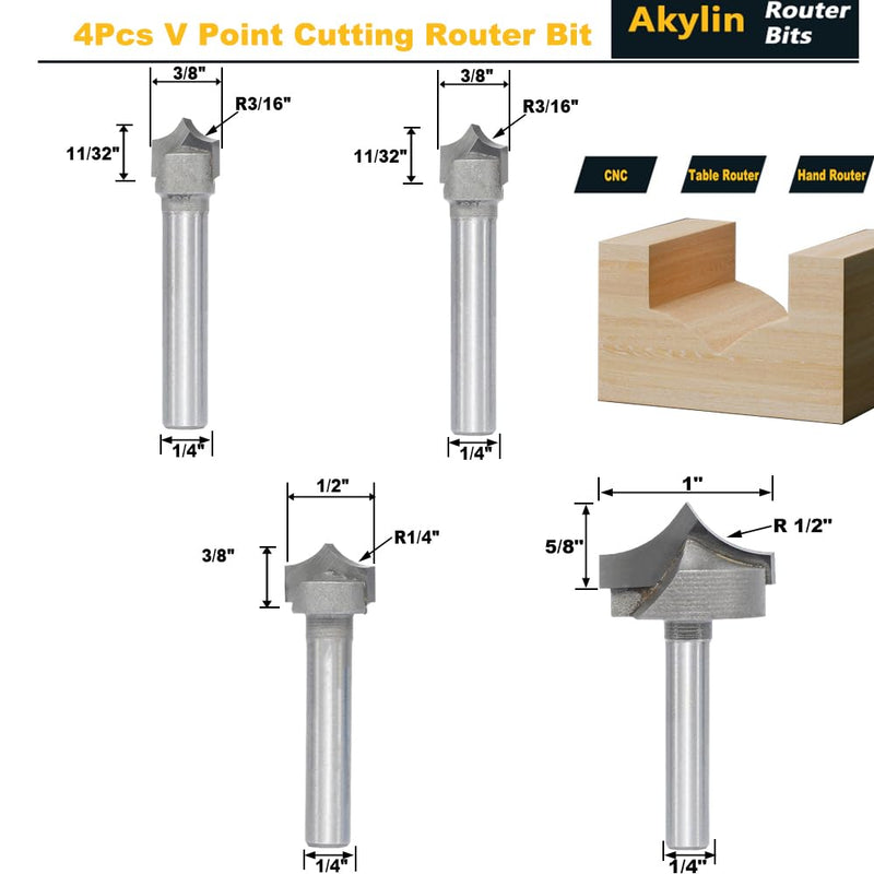 4pcs Point Cutting Roundover Router Bit Set,1/4" Shank,Cutting Dia. 3/8,3/8",1/2" and 1",Round-Over Plunge Cutter for Wood Engraving, 2D and 3D Carving 1/4"x 4Pcs V Point Bits