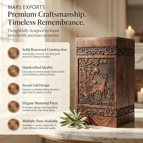 Wooden Cremation Urns Box for Human Ashes, Memorial Keepsake Boxes for Adults, Male/Female,Child, Pets Dog Cat Wood Burial Funeral Container (Deer, Medium 115 cu in) Deer