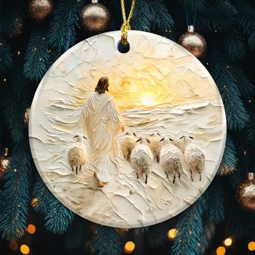 Jesus Leads Lost Lambs Ornament 2025 - Christianity Good Shepherd - Christian Christmas Ornament for Tree - Religious Gifts for Women & Men - Christian Religious Ceramic Ornament