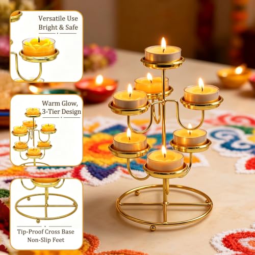 7 Cups Golden Diwali Diya Candle Holder Metal Tea Light Deepavali Decor