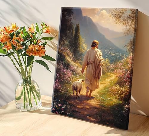 ZWTJPLN Jesus & Lamb on Path Canvas Wall Art - Christian Religious Decor (12x16/16x24 Inches) for Home, Church & Prayer Spaces Canvas Sheep 16"L x 12"W