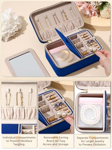 Velvet Travel Jewelry Organizer Case with Large Mirror for Women Navy Blue