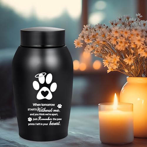 Pet Urns for Dogs Ashes - Paw Print Cremation Jewellery Black Memorial Keepsake Urn, Remembrance for Pet Loss When tomorrow starts without me