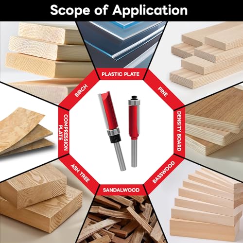 Pack of 10 Flush Cutters 8 mm with 2 Impact Magnetic Bits, 8 mm Shank Flush Cutter, 6 Bearings, 2 Wrenches, Copy Cutter 8 mm, Wood Cutter for Router Carbide Woodworking Cutter Sets 8mm
