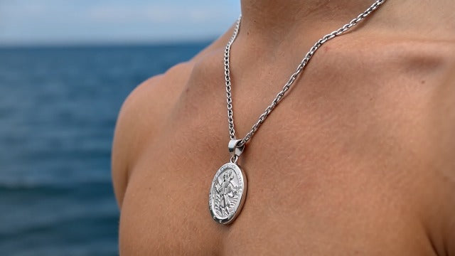 Mens Silver St Christopher Necklace with Adjustable Chain, Travel Amulet