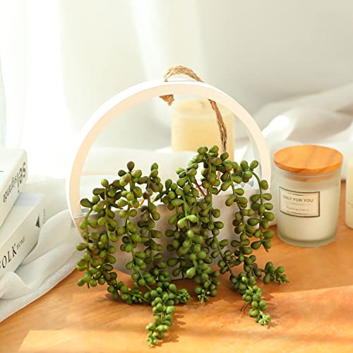 Hanging Plant Artificial Succulents Fake String of Pearls Plants 12.2'' in Wooden Pot for Indoor Outdoor Wall Decor (1PCS) Green-1pcs