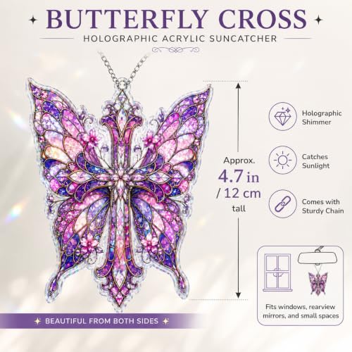 Cross Decor Suncatcher, Butterfly Stained Glass Window Hanging Purple Butterfly Cross