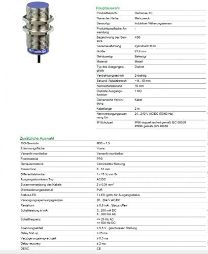 DDPI M30 P+ SN=15MM NO Ø 30, threaded M30 x 1.5, Sn15mm, flush mountable 2-wire 24-240V, NO Pre-cabled (L = 2 m)