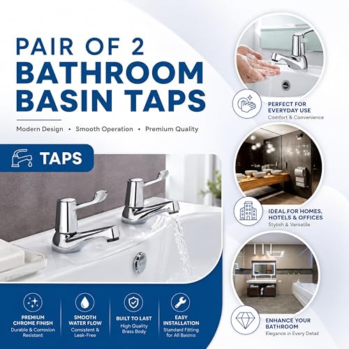 Pair of Bathroom Basin Sink Taps – Chrome Brass Pillar with Ceramic Lever, Hot & Cold Water Mixer, Modern Deck Mounted Basin Faucet for Bathroom or Kitchen Wash Basin