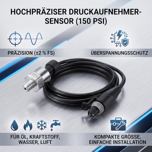 Pressure Sensor 1/8, 1/8 150 psi Pressure Transducer, 1/8 Inch NPT Thread Stainless Steel Pressure Sensor for Oil Fuel Air Water (150 PSI)