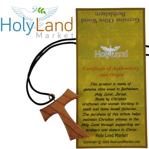 Holy Land Market Olive Wood Tau Cross Necklace Pendant, 70cm Cord