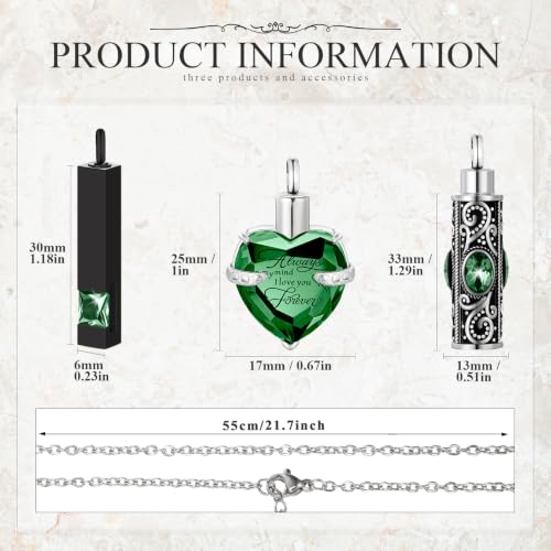 MTLEE 3 Pieces Cremation Urn Necklace for Ashes Vertical Bar Zircon, Heart Crystal Necklace Urn Stainless Steel Waterproof Memorial Pendant Green Zircon