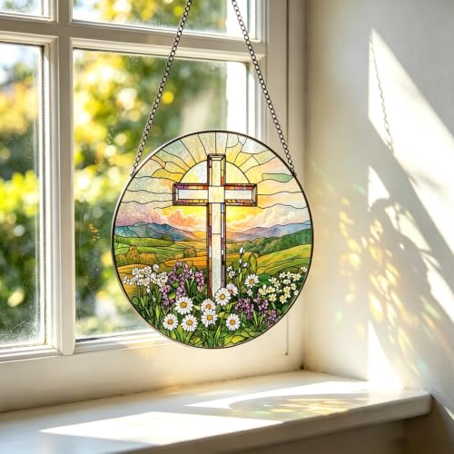 Cross Decor Suncatcher, Christian Stained Glass Window Hanging, 8 Inch Cross Wildflowers Sun Catchers Indoor Window Decorations, Suncatchers for Windows Hanging, Religious Home Decor Cross Stained Glass