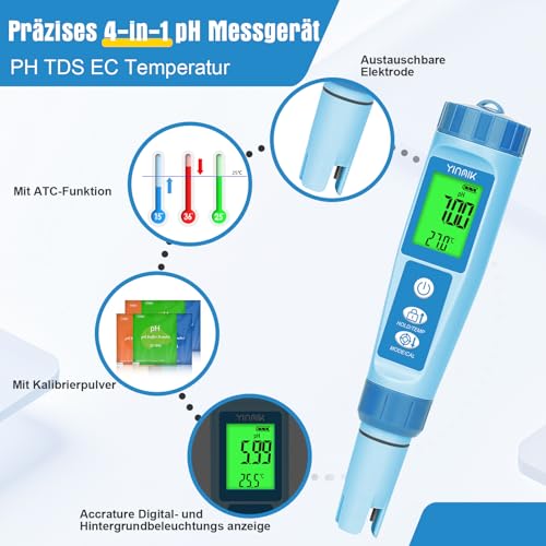 YINMIK pH Meter Digital pH EC Meter Grow Pool pH Meter | pH EC Meter for Hydroponics, TDS Tester for Drinking Water, 4-in-1 pH Conductivity PPM Temp Meter for Pools Aquarium blue pH meter