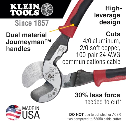 Klein Tools J63225N Journeyman high-leverage cable cutter and wire stripper for aluminum and copper cable