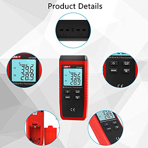 UT320D Dual Channel K/J Digital Thermometer, Thermocouple Temperature Meter Temperature Meter with 2 K-Type Measuring Probe for Industry, Agriculture, Meteorology and Life