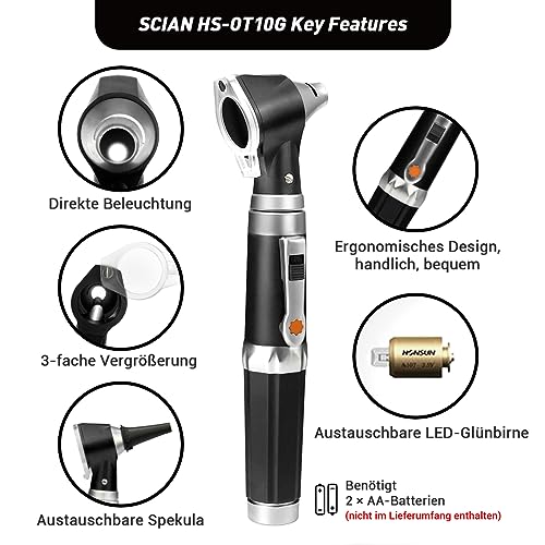 SCIAN Otoscope with Light, Ear Infection Detector and Pocket Ear Scope, Includes Hard Plastic Case, Suitable for Children, Adults, Doctors, Pets, Available in Several Colors black
