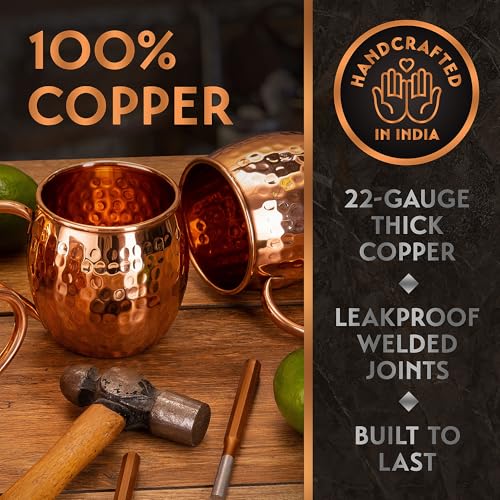Yooreka Gift Set Moscow Mule Mugs Set Of 4 16 oz Solid Cooper, 100% Pure Copper Cups HANDCRAFTED, BONUS 4 Straws, 4 Wood Coasters, Stirring Spoon, Shot Glass and Cleaning brush (Oval) Oval Cups