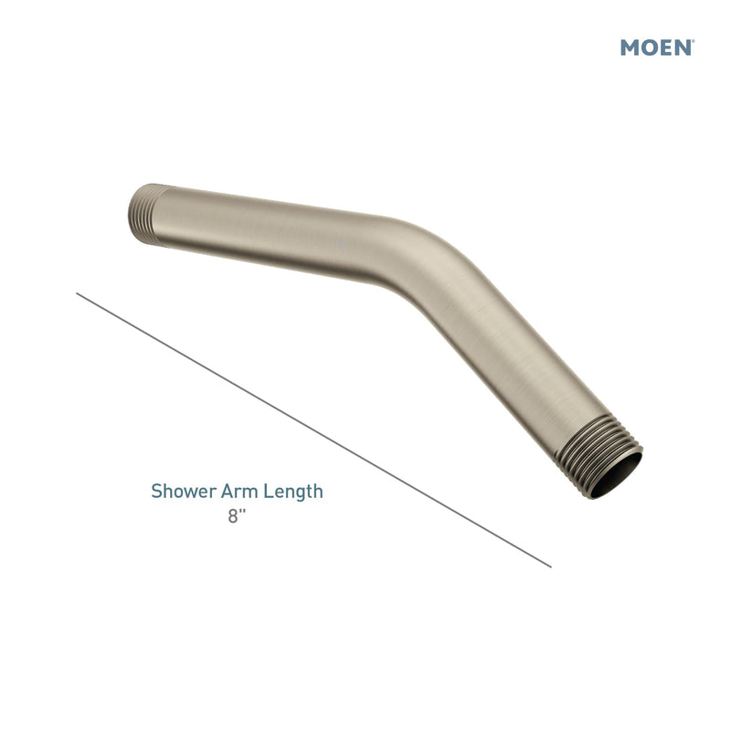 Moen Brushed Nickel Standard Shower Arm with 1/2-Inch Universal Threads, 8-Inch, 123815BN | 8" extended reach, universal 1/2" threads, brushed nickel finish, durable metal build, standard shower fit 8 Inch