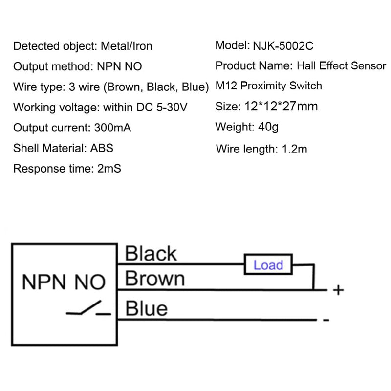 Gebildet Hall Effect Proximity Sensor 12 mm, DC 5-30 V, Inductive Switch, NPN NO (Normally Open) with Magnet, NJK-5002C, Detection Distance: 10 mm