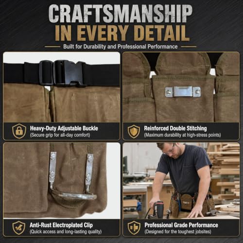 CTHMTMXS waterproof waxed canvas tool belt for men with 19 pockets, tear-resistant design