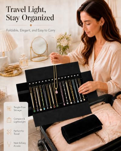 Black SCIKHEFT travel necklace organizer with 16 slots, tangle-free jewelry case, and compact jewelry roll for easy travel storage.