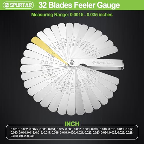 Spurtar 32 Blade Feeler Gauge Thickness Gauge 0.04-0.88 mm/0.0015-0.035 Inches | Stainless steel universal metric/imperial gap gauge for measuring gap width thickness 1× 32 blades (0.0015-0.035'')