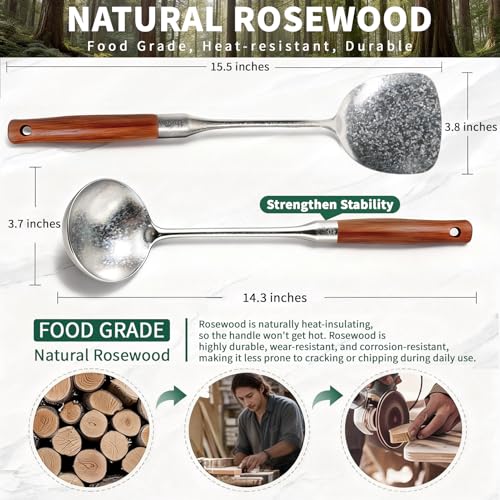 Newness stainless steel soup ladle and solid turner set with pure titanium construction, featuring ergonomic handles and durable design.