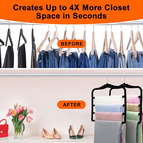 4 Pack Space Saving Velvet Pants Hangers, Dorm Room Essentials, Non-Slip Multi-Tier Closet Organizer for Jeans & Slacks, Maximize Wardrobe Storage with Multi-Purpose Rack for Shorts, Scarves & Ties Black 4 Pack