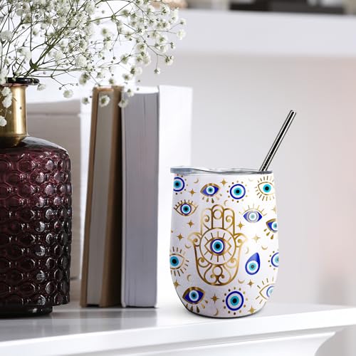 KAIRA Evil Eye Gift for Women,Turkish Blue Gift,12 Oz Wine Tumbler with Lid White/EVIL EYE