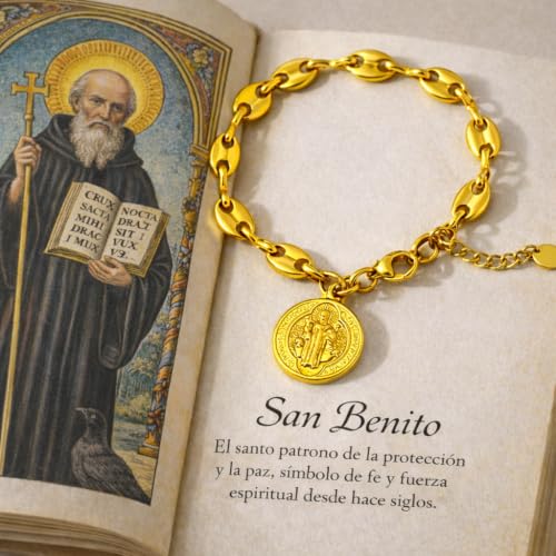 MAJALE Amulet Bracelet with St Benedict Medal in Gold Stainless Steel – Spiritual Protection – Water Resistant Chain Balls or Pumpkins – Religious Medal Calabrote_ S. Benito